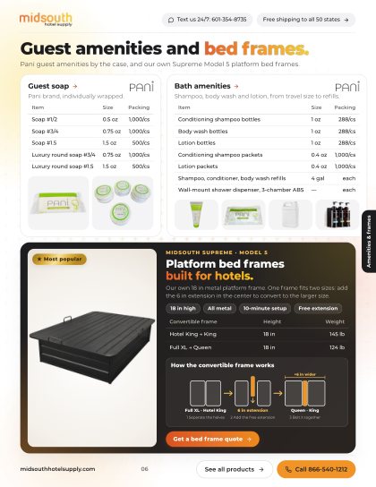 Guest amenities and bed frames page